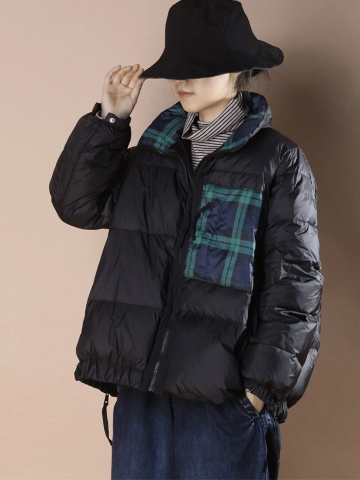 

Классическая свободная женская куртка-пуховик в клетку с пэчворком, теплая верхняя одежда в корейском стиле для повседневной носки, белая, с наполнителем из утиного пуха