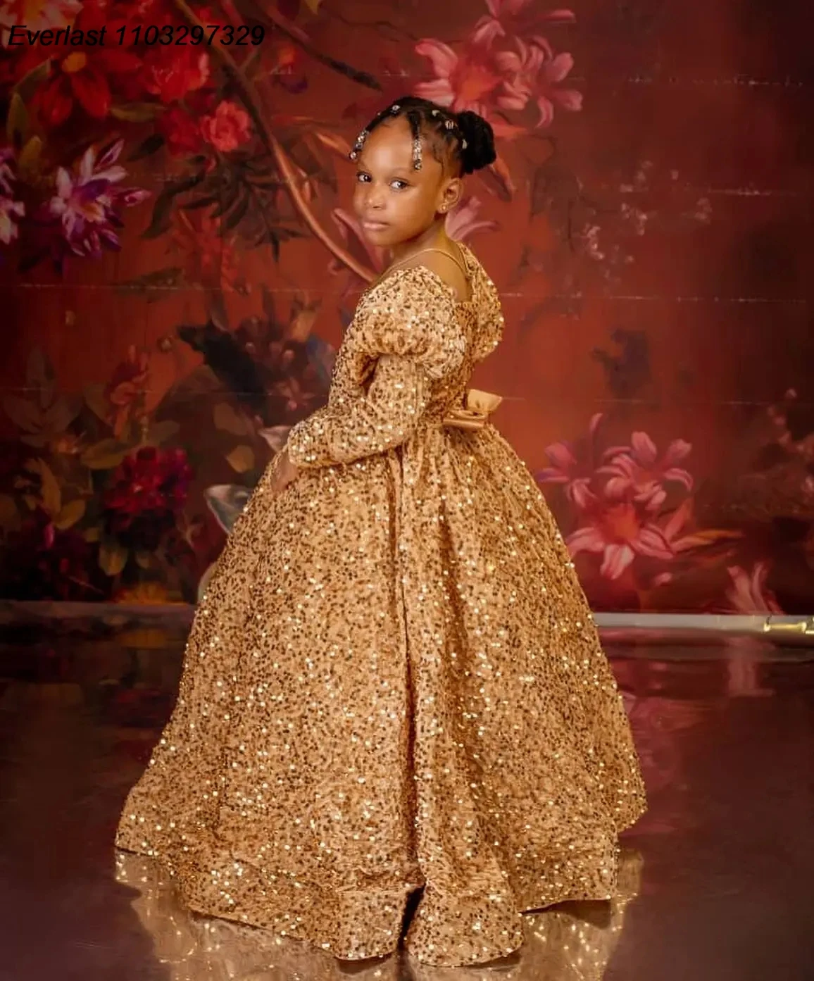 EVLAS Shiny Gold Sequins Flower Girls Dress Beaded Ball Gown African Child Dress For Weddings First Communion PhotoShoot TFD150