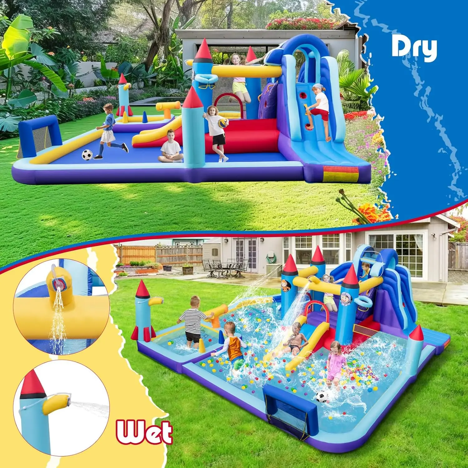Nadmuchiwana zjeżdżalnia wodna, gigantyczny Park zjeżdżalni z Bounce House z podwójnymi zjeżdżalniami, basenem pluskowym, bramką do siatkówki i piłki nożnej, wysadzoną wodą