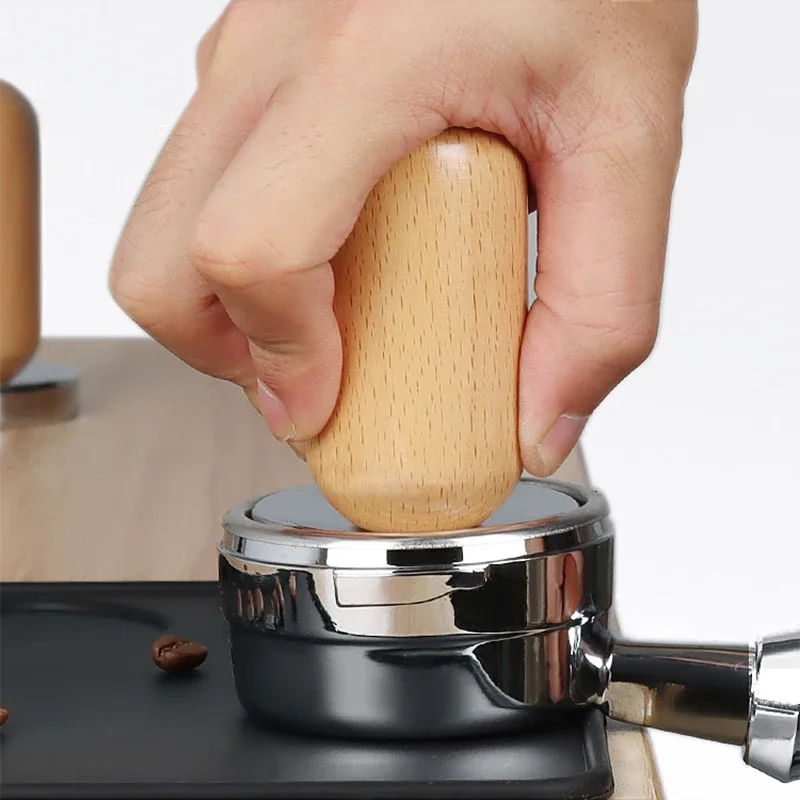 58mm Espresso Tamper with Wood Handle Stainless Steel Powder Hammer Flat Base Coffee Distributor for Coffee Tampers