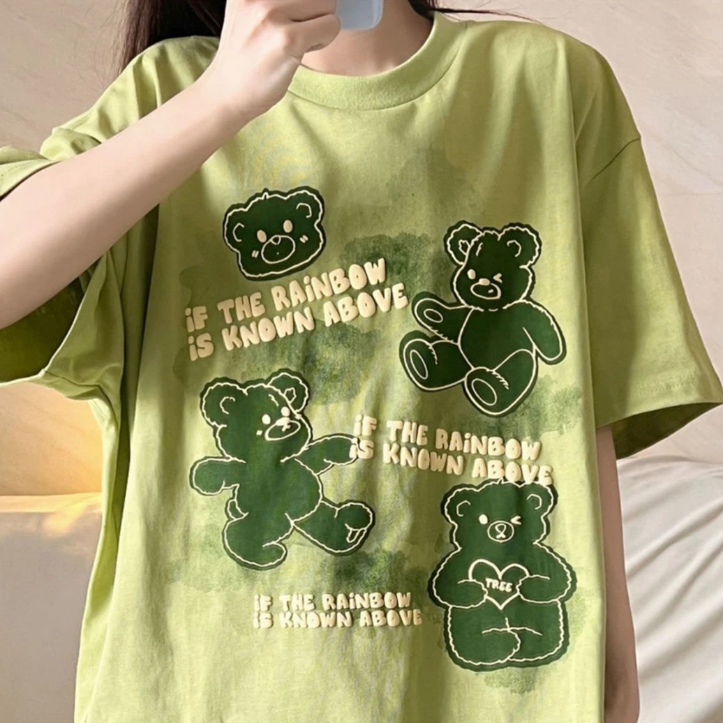 Lovely Fairy Bear Cute Graphic T Shirts Kawaii Clothes for Teens Light Green Apricot Cotton Tee Tops Oversized Summer Large 2XL