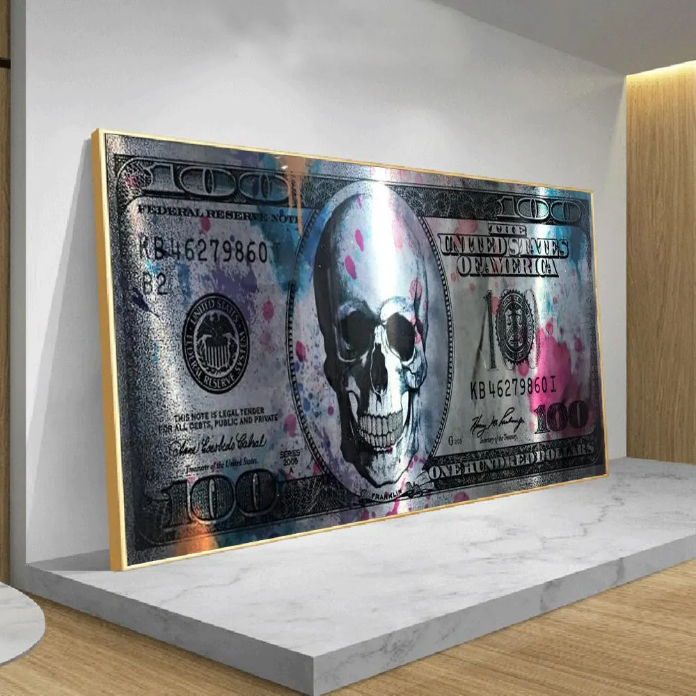 Modern Black Money Skull Canvas Print Graffiti Art Poster Wall Decor for Living Room Unique Artistic Gift