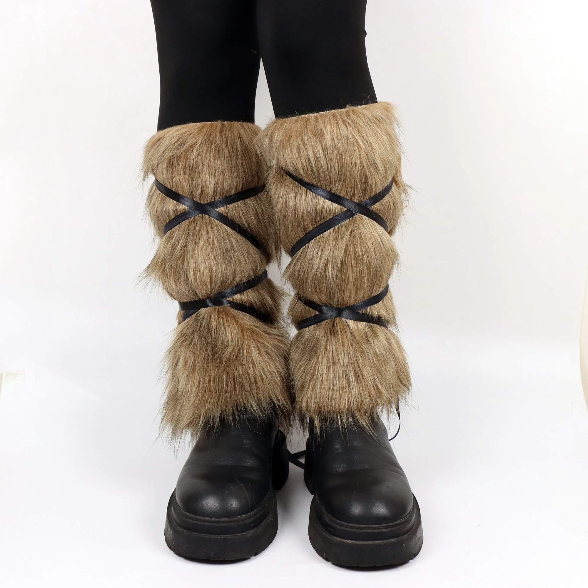 2 pezzi medievale in pelliccia sintetica calda per le gambe, copristivali, costume vichingo di Halloween, accessori per costumi personalizzati