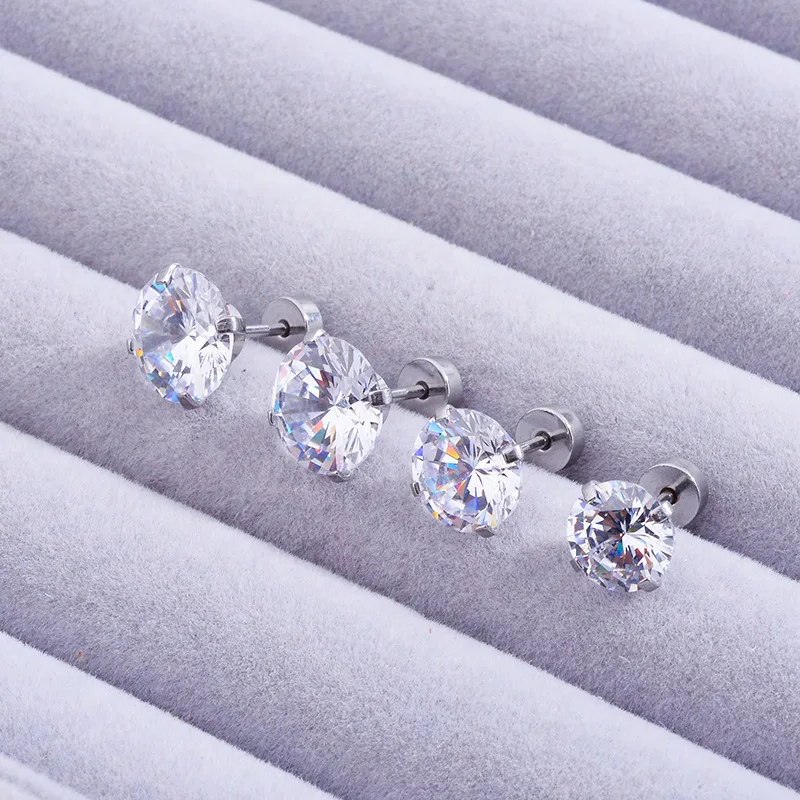 1Pair Classic Flat Back Screw Studs Stainless Steel Small Tiny Crystal Studs Earrings Women Men Piercing 4 Prong Tragus Earrings