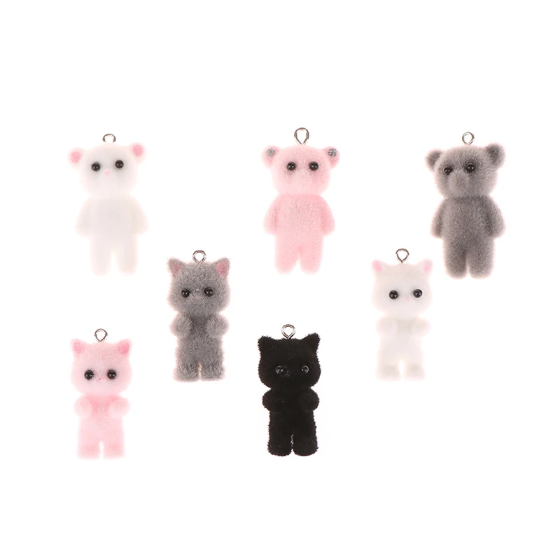 2pcs kawaii 3d flauschige Beflockung Charms Katzen bär Anhänger Miniatur puppen Schlüssel bund Halskette Anhänger DIY Handwerk Schmuck machen