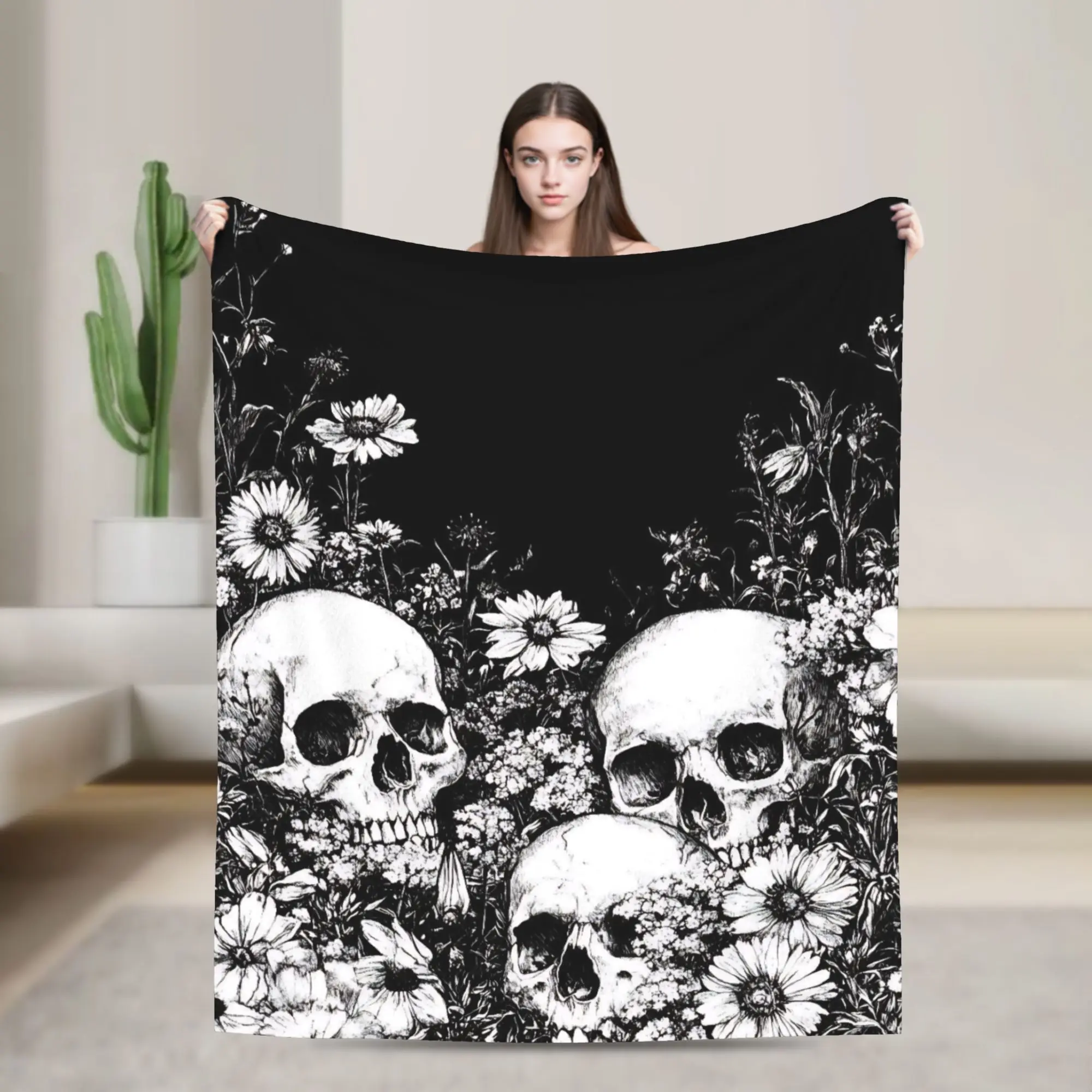 Halloween Skulls And Flowers Gothic Goth Blanket Multiple Sizes Super Soft and Warm  Throw Blankets for Couch Sofa and Bed