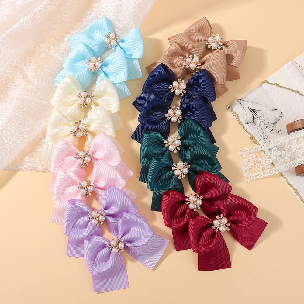 4pcs Solid Color Ribbon Bows Pearl Boutique Hair Clips for W