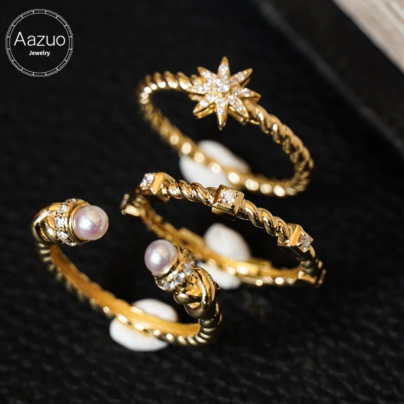 

Aazuo Vintage Jewely 18K Yellow Gold Real Diamonds Hexagram Seawater Pearl Stackable Ring For Girls & Women Senior Banquet Party