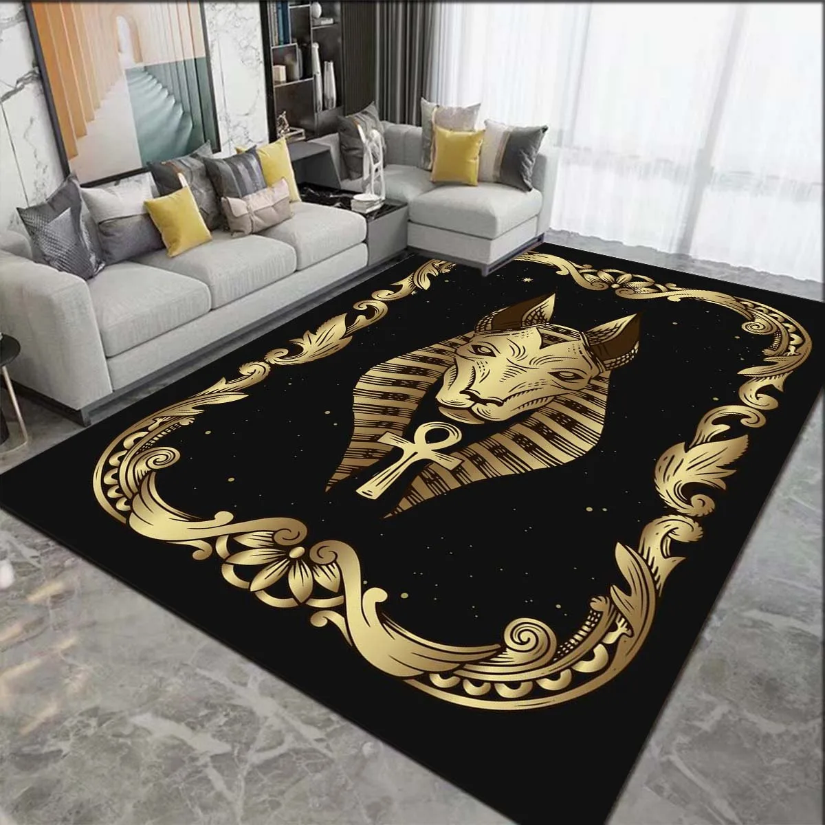 Tapis de sol lavables en forme de chat égyptien, pour salon et chambre à coucher