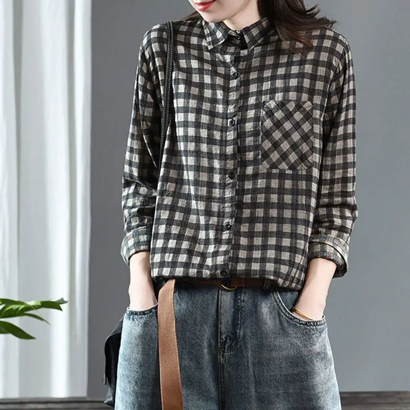 

2025 Spring Vintage Cotton Linen Plaid Shirt Patch Pocket Long Sleeve Turn-down Collar Button Casual Cardigan Top For Women