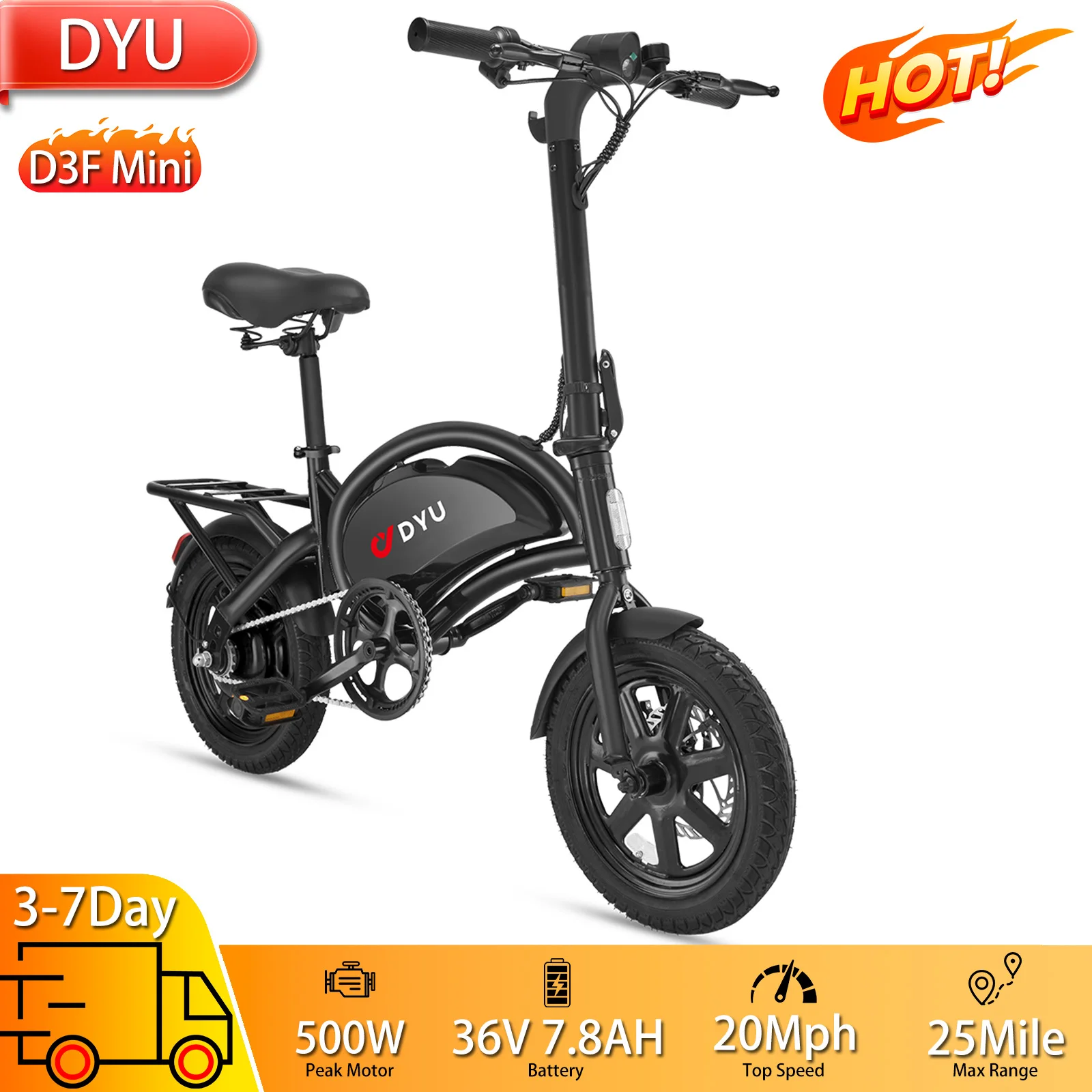 

DYU D3F Electric Bike 500W Peak Motor 14" Tire 36V 7.8AH Dual Disc Brakes Foldable City E-bike Top Speed 20Mph Max Load 120Kg
