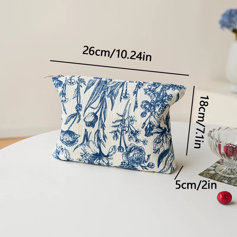 Blauw en wit porseleinen make-uptasje voor dames, cosmetica-opbergtas met grote capaciteit, draagbare toilettas met ritssluiting