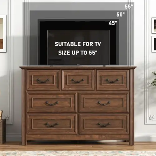 Farmhouse 7 Drawer Dresser for Bedroom, 47” Wood Chest of Drawers with Rustic Handles, Wide Closet Dressers Organizer
