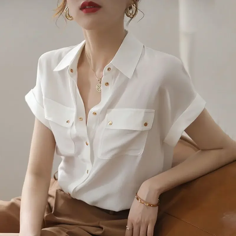 2025 NewSummer Blouses Shirts Women Short Sleeve Tops Solid Lapel Pockets White Shirts Office Lady Korean Female Clothing Blusas