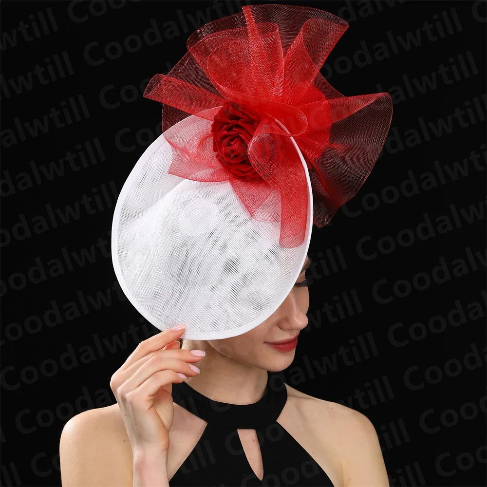 Red Fascinators Women Hat Wedding Party Headpiece Kentucky Derby Chapeau Cap With Flower Hair Accessories Ladies Event Pillbox