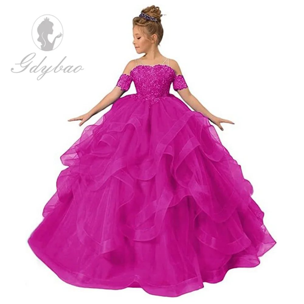 Abiti da ragazza di fiori gonfi neri per perline da sposa cinturino per Spaghetti bambini abbigliamento formale Ruffles Tier Tulle vestito da prima comunione