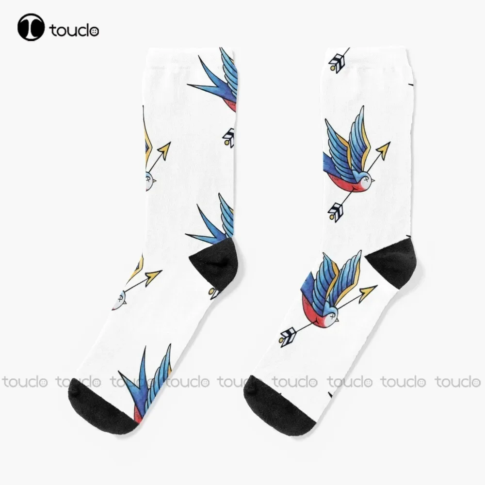 Wounded Blue Swallow Tattoo Socks Brown Socks Christmas Gift Unisex Adult Teen Youth Socks Custom 360° Digital Print Women Men