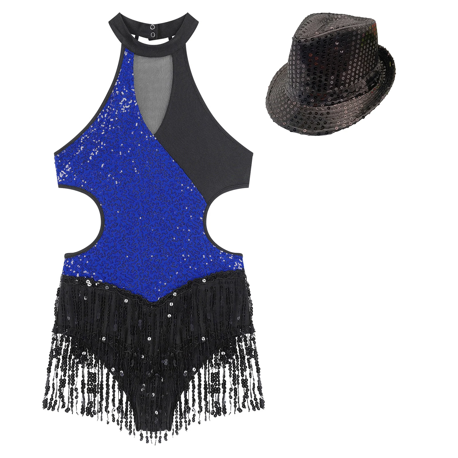 Womens Latin Dance Bodysuit Patchwork Sparkling Sequin Tassel Fringed Leotard with Hat Cha-Cha Tango Stage Performance Costume