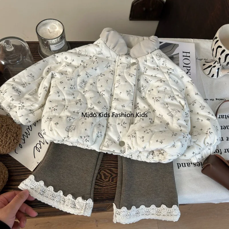 Korean version  children's clothing new autumn winter girls floral thickened immune jacket lace flared trousers two-piece tide