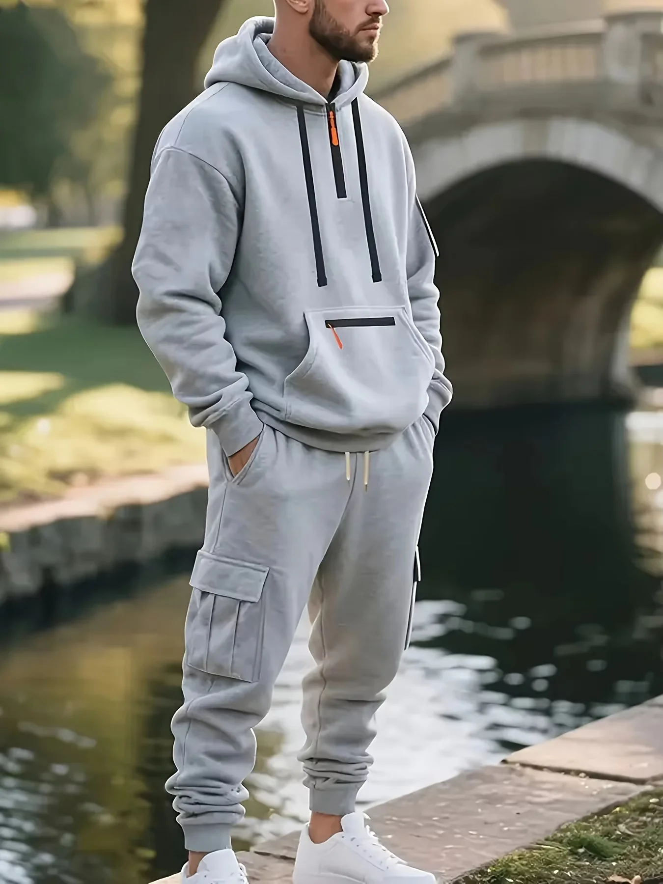 Men's New Autumn Winter Fleece Sports Suit Casual Zipper Sweater Multi-Pocket Work Pants Set - Style for Active Living