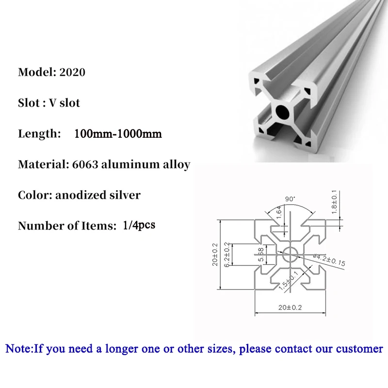 1/4PCS 2020 V-slot 2020V European Standard Anodized Silver Aluminum Profile Extrusion 2020 Linear Rail for CNC 3D Printer DIY