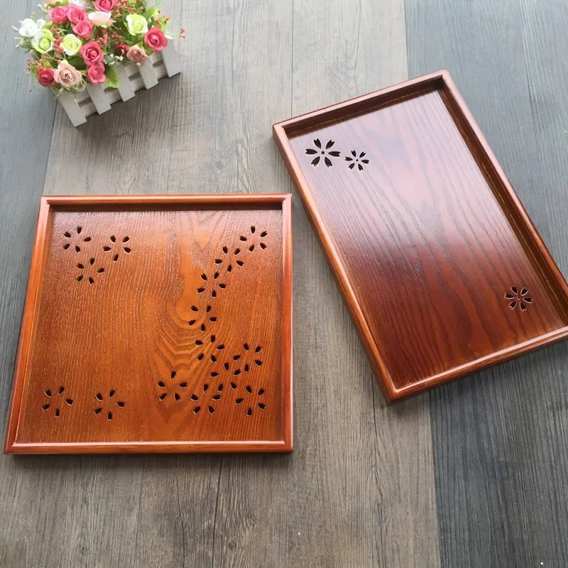 Japanese wood sakura hollow cup tea tray European cherry blossom fruit dish rectangular plate wooden breakfast pallet tableware