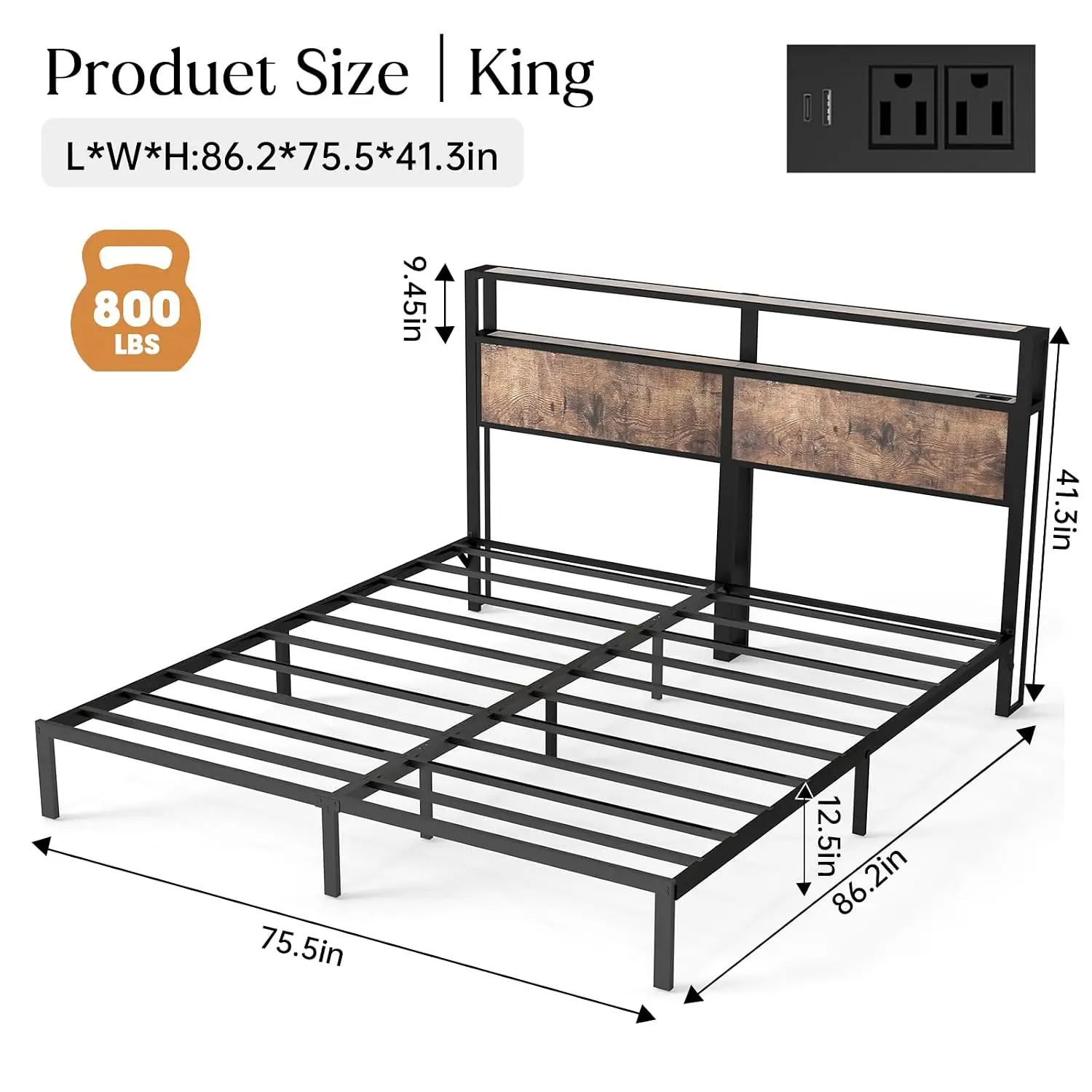 King Bed Frame with 2-Tier Storage Shelves Headboard, Vintage Brown | Platform Bed with Charging Station, LED, Customized