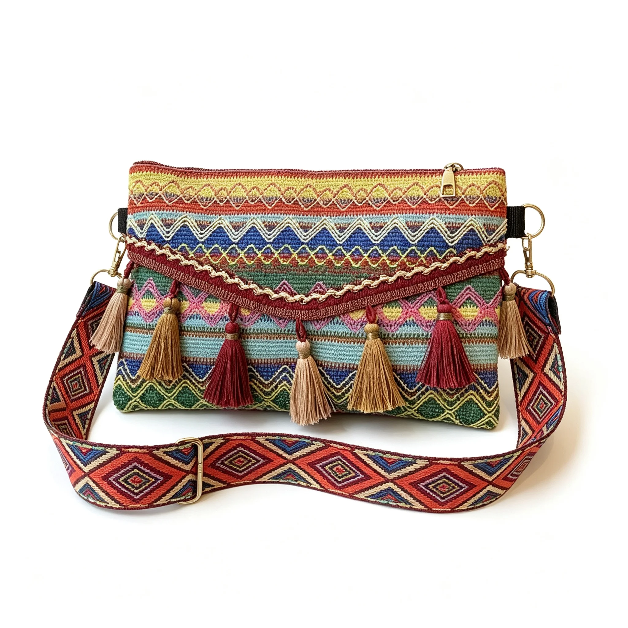 Red Blue Orange Bohemian Tassel Crossbody Women Ethnic Geometric Woven Clutch Envelope Shoulder Bag Phone Purse For Women Girls