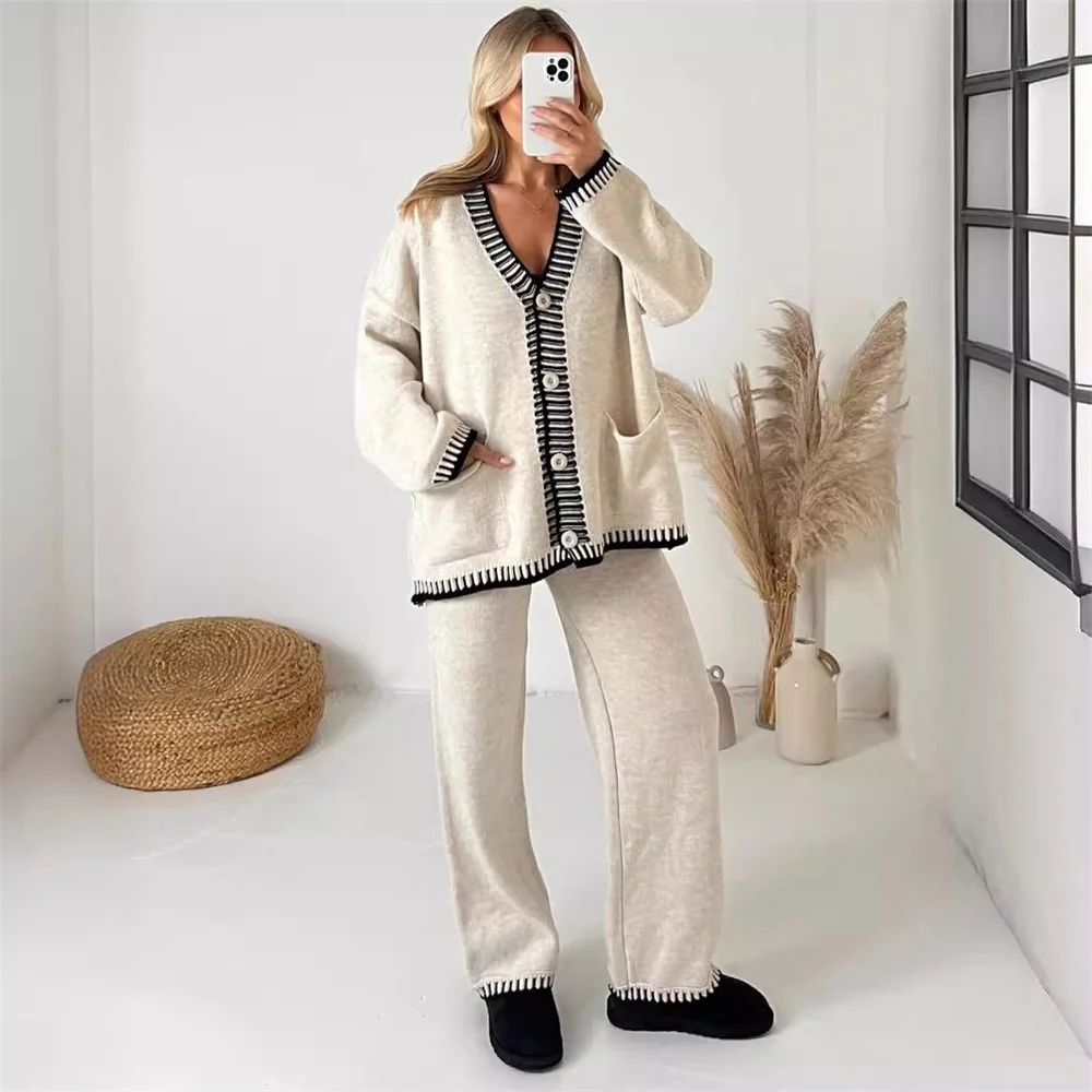 Elegant Striped Knitted Cardigan and Pants for Women Autumn Winter V Neck Single Breasted Sweater Straight Trouser Homewear