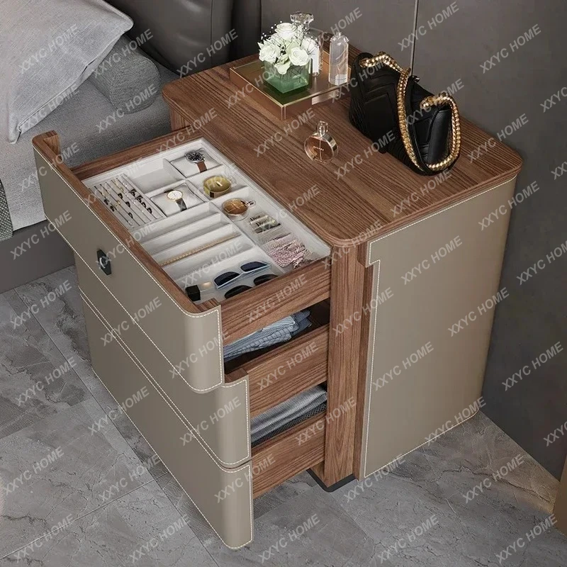L High saddle leather bedside safe integrated household bedroom chest cabinet with fingerprint lock storage cabinet