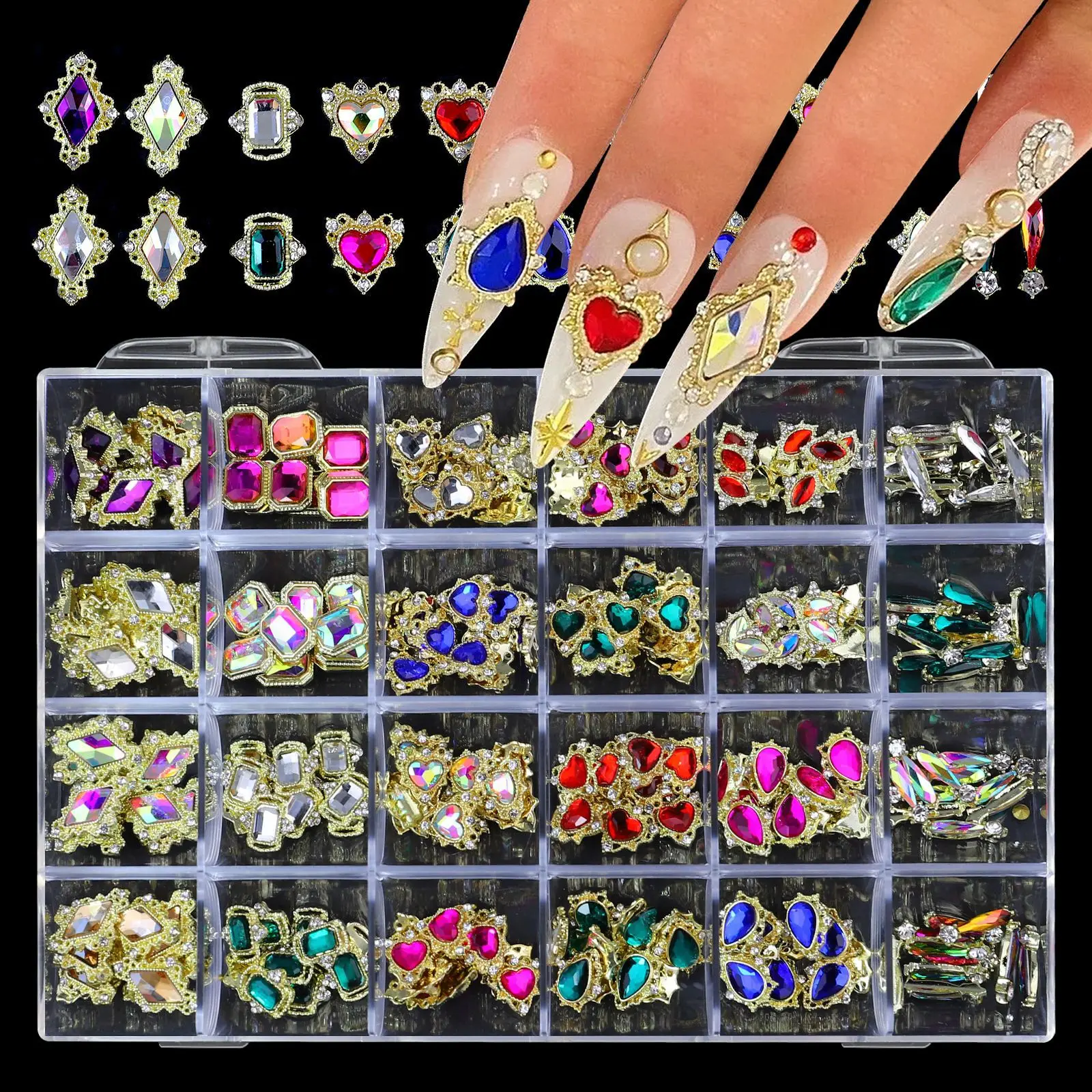

24 Grids Boxed Shiny Diamond Nail Art Rhinestones Crystal Set With Nail Glue For Nails Art Decoration DIY Manicure Accessor