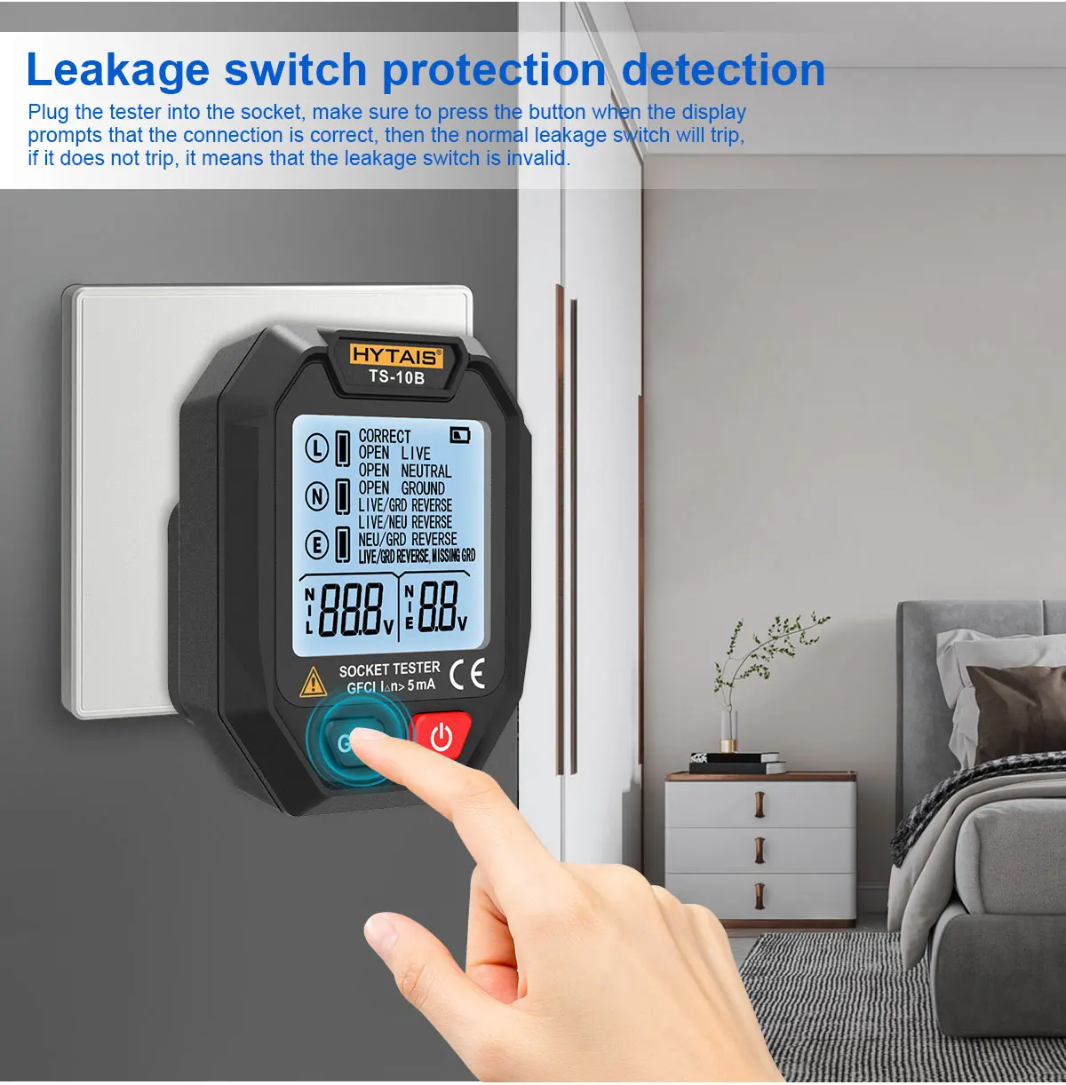 HYTAIS Digitaler Steckdosentester, Batterieleistung, intelligenter Detektor, große Hintergrundbeleuchtung, EU, US, UK, Stecker, Boden, Live, Nullleitung, Polarität, Phasenprüfung – Detail 6