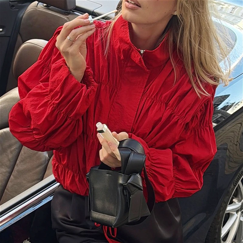Women Shirring Coats Solid Jackets Turn Down Collar Long Sleeves Zipper Slight Strech Loose Moto Streetwear 2026 Spring Autumn