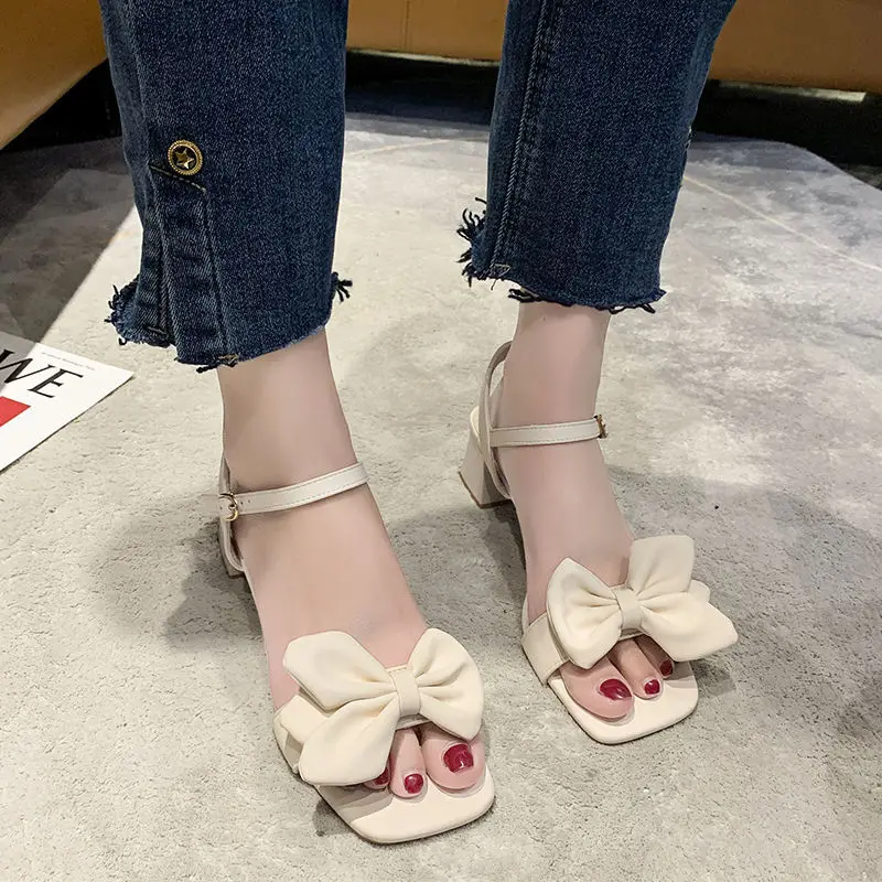 Sandals Women 2024 Summer New Fashion Square Head Bow French Buckle Belt Thick Heel Shoes Lady Sexy Work High Heels Beige Green