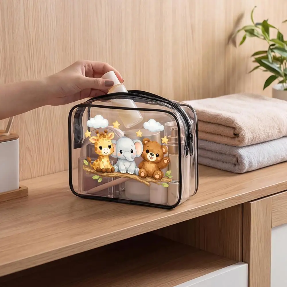 Toiletry Bag Cute Giraffe Elephant Teddy Bear Clear Pvc Zippered Makeup Storage Bag Portable Cosmetic Organizer for Travel