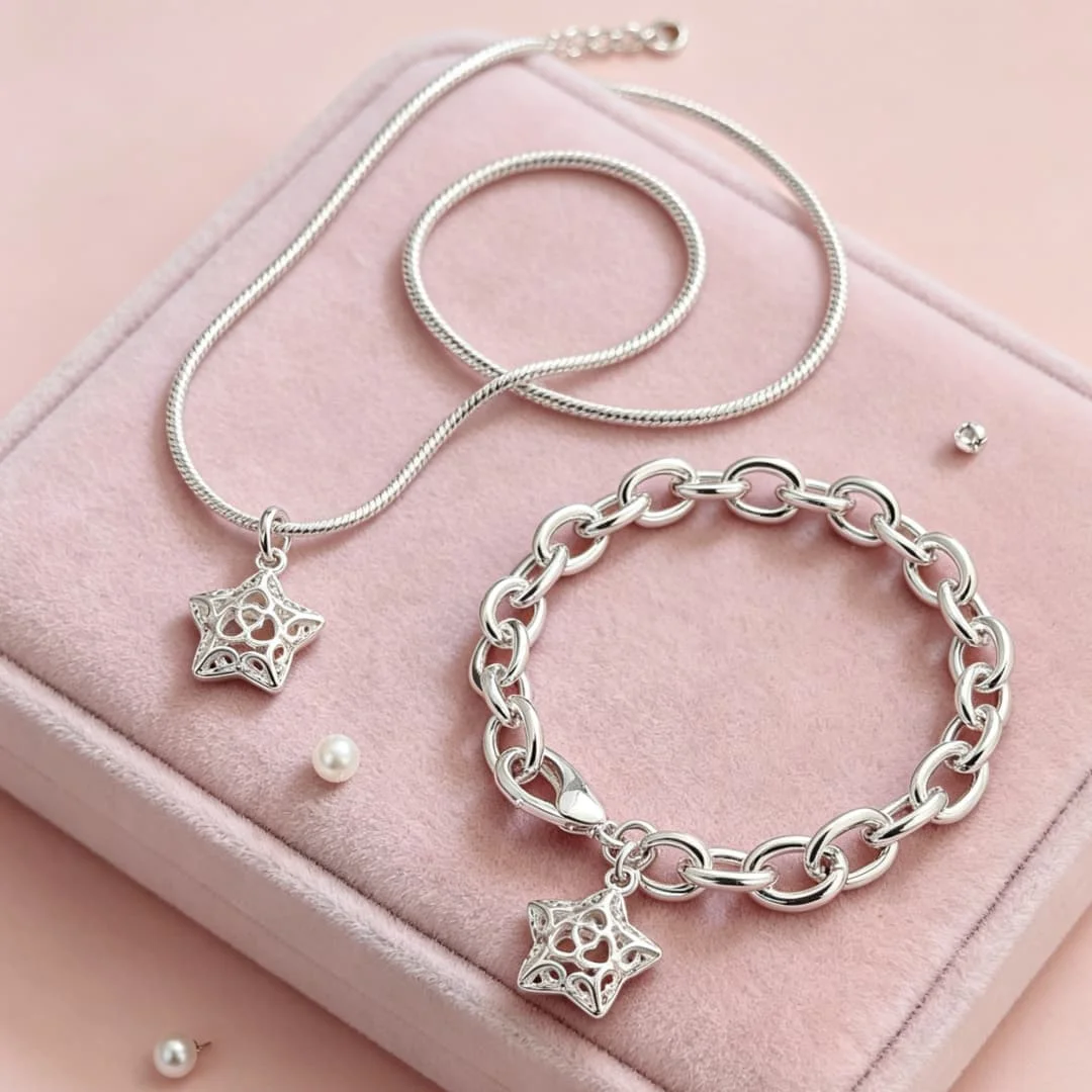 ファッション、K-POP、925スターリングシルバー、エスニック調、中空の星型ペンダント、ネックレス、ブレスレット、女性用ジュエリーセット、結婚式やクリスマスのプレゼントに。 1