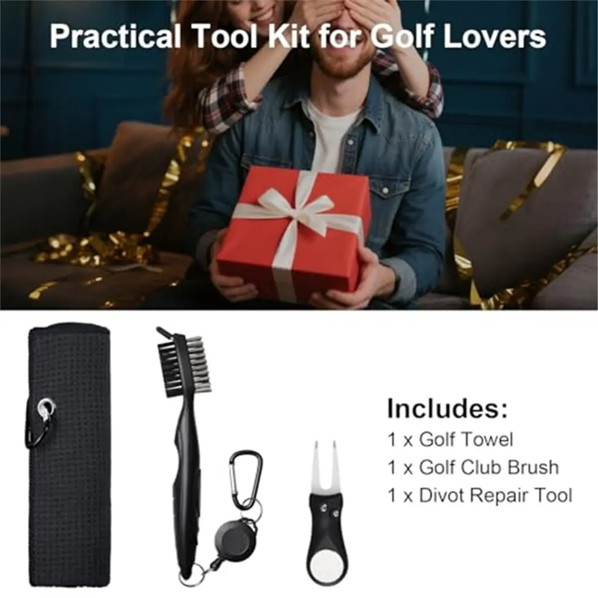 (AD12) Golf Club Cleaner Kit: Towel, Brush, Divot Tool, Groove Sharpener for Men & Women