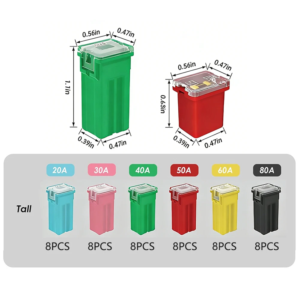 48PCS Low Profile Automotive Fuse Kit 20-80A, Box Shaped Blade Fuses With Storage Case For Car Boat Motorcycle