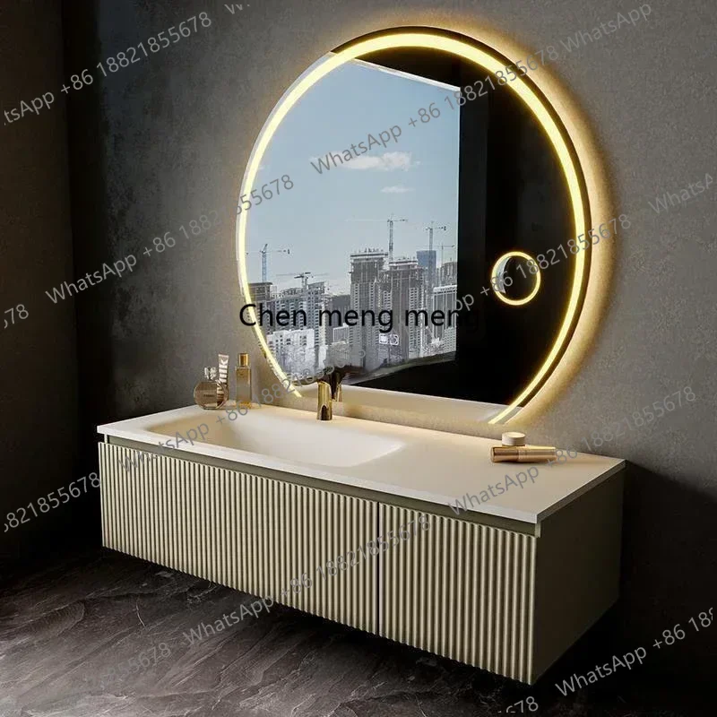 

Light Luxury Oak Bathroom Cabinet LED Smart Mirror Slate Integrated Washbasin Bathroom Vanity Sink Cabinet Bathroom Furniture