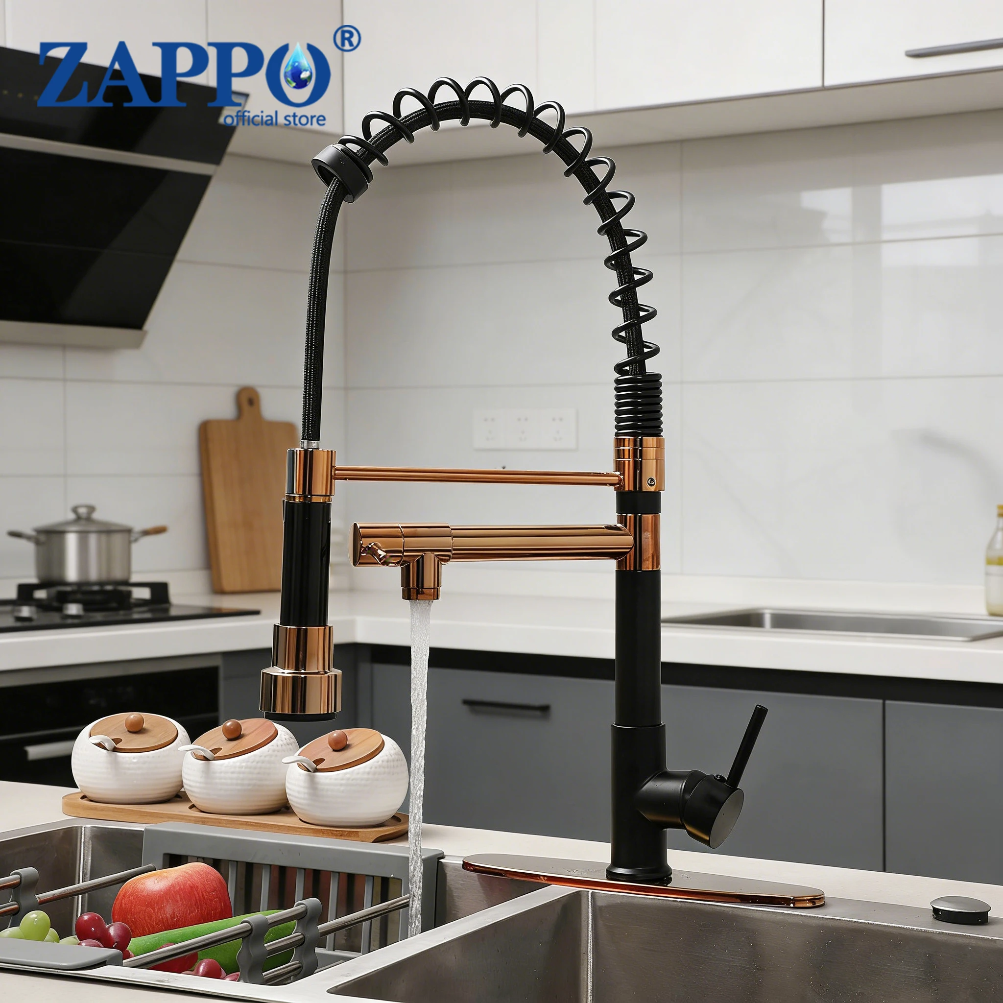 ZAPPO Rose Gold Kitchen Faucet with Sprayer 2-Function Single Handle Pull Down Kitchen Faucet Stainless Steel Spring Mixer Tap