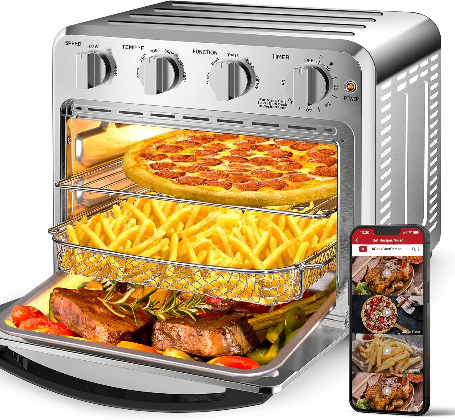 Geek Chef Convection Air Fryer เตาอบเครื่องปิ้งขนมปัง, เครื่องปิ้งขนมปัง 4 ชิ้น Airfryer เตาอบเคาน์เตอร์, เตาอบร้อนไฟฟ้า Oilless หม้อหุงข้าว, Accesso