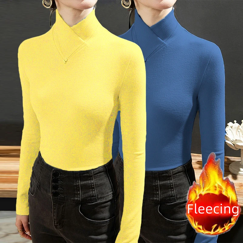 Spring Autumn T-Shirt & Blouses Fleece Turtleneck Bottoming Korean Simple Casual Elegant Long Sleeve Tops Women Warm Thick Basic