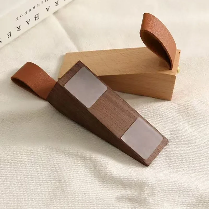 Solid Wood Doorstop Leather Rope Wedge Kids Protect Anti-Collision Wooden Door Block Heightened Movable Bedroom Door Top Decor
