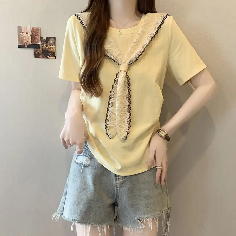 Plus-size women's summer new style noble lady style loose slimming lace shawl regular shoulder short-sleeve T-shirt - view 2