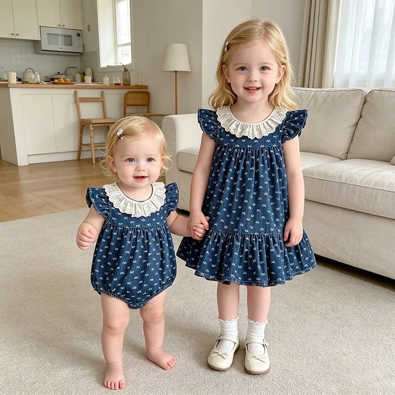 2026 Sommer Neu 2-6 Jahre Kinder Prinzessinnen-Kleid mit Spitzenkragen 0-24 Monate Flatterärmel Baby Mädchen Dunkelblauer Schleifen-Strampler Schwesterkleid