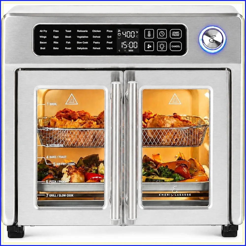 

Extra Large French Door Air Fryer Toaster Oven Combo, 26QT Capacity, 24 Cooking Functions, Digital Controls, 7 Accessories Included, Stainless Steel
