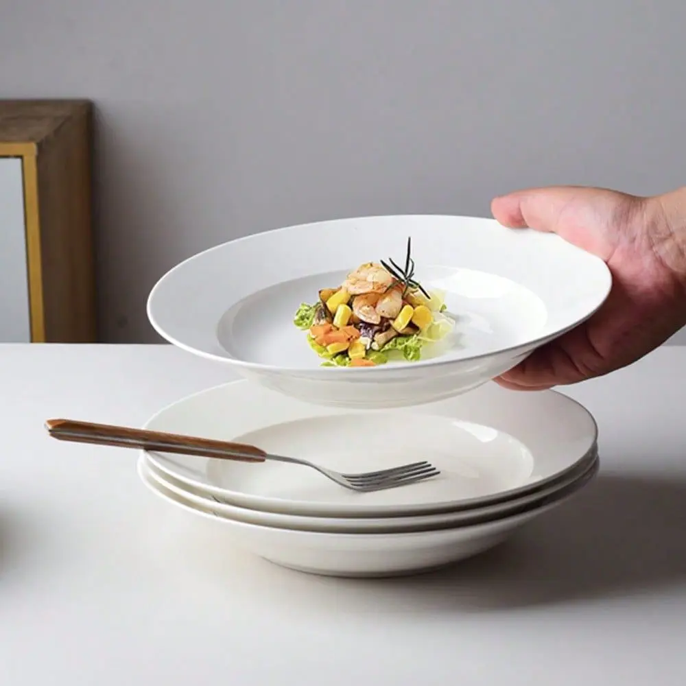 White Dinner Plates Set Of 6, 9 Inch Salad Serving Modern Round Dishes - Dishwasher, Microwave, Oven, Scratch Resistant, Smooth