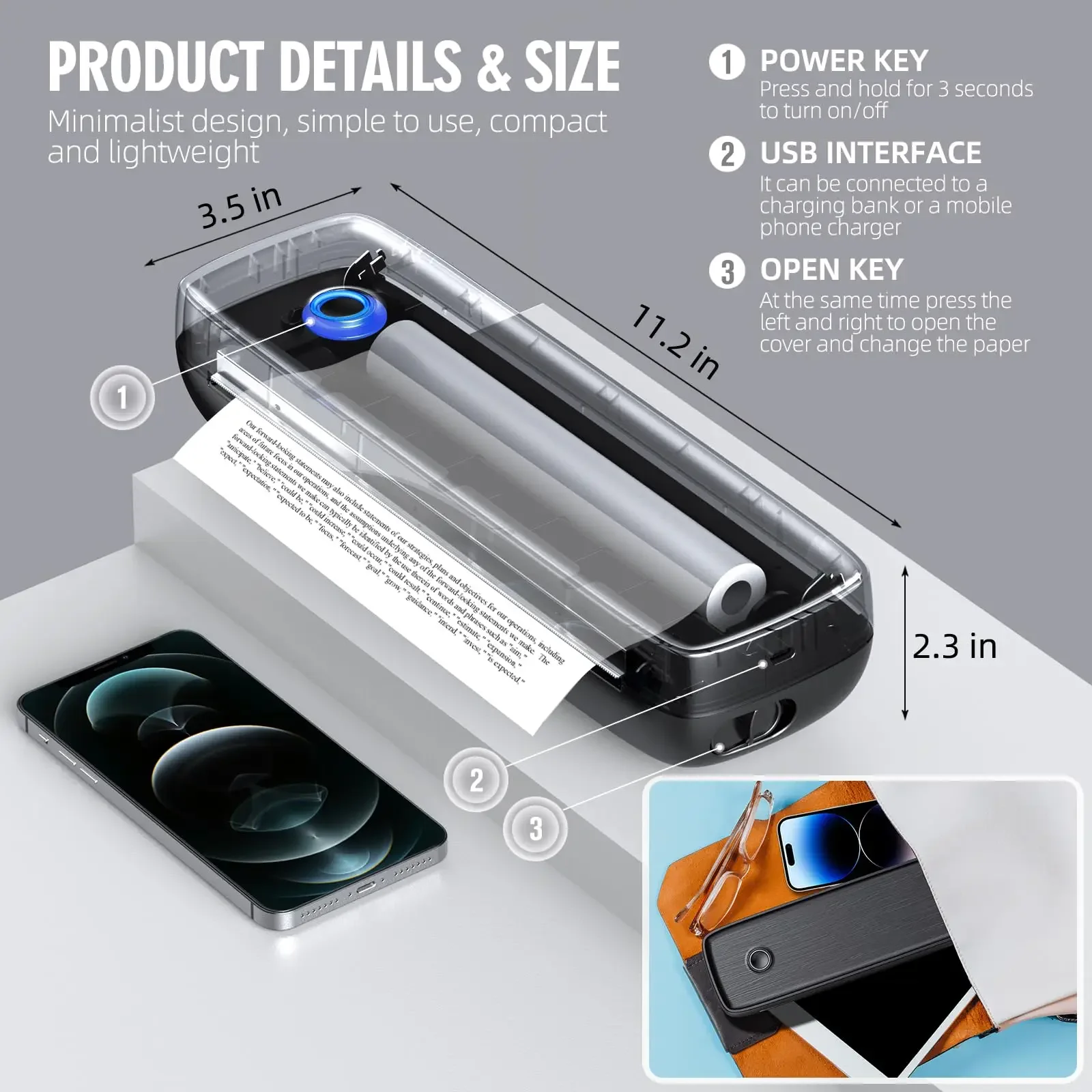 

Portable Printer Wireless for Travel A4&A5 Thermal Paper Inkless Printer with iOS Android Laptop for Office Car Home