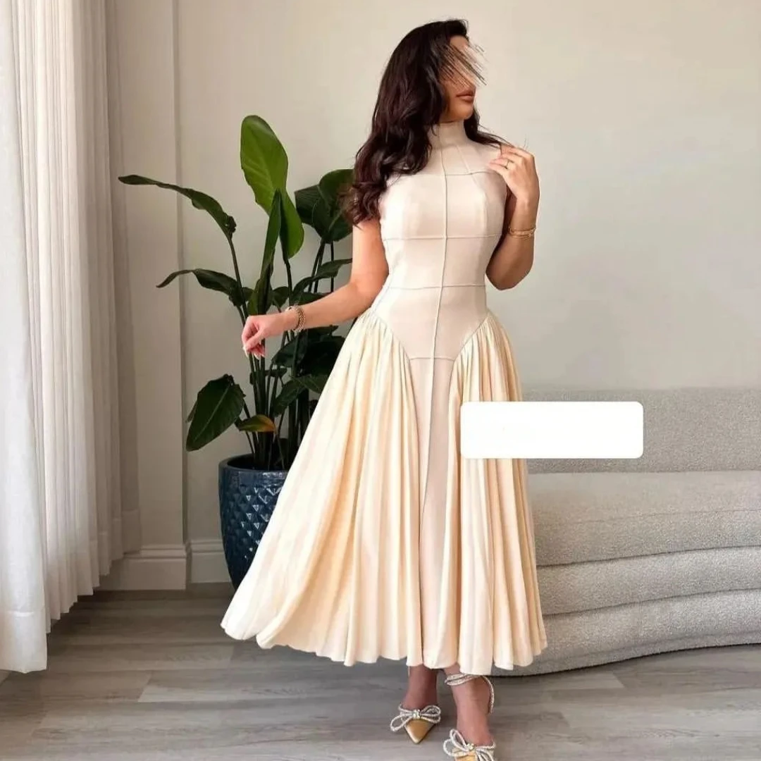 

PuTao Ankle Length Prom Dresses High Collar Evening Sleeveless Homecoming Party Girls Wear Graduation Gowns Pleats A Line Dress