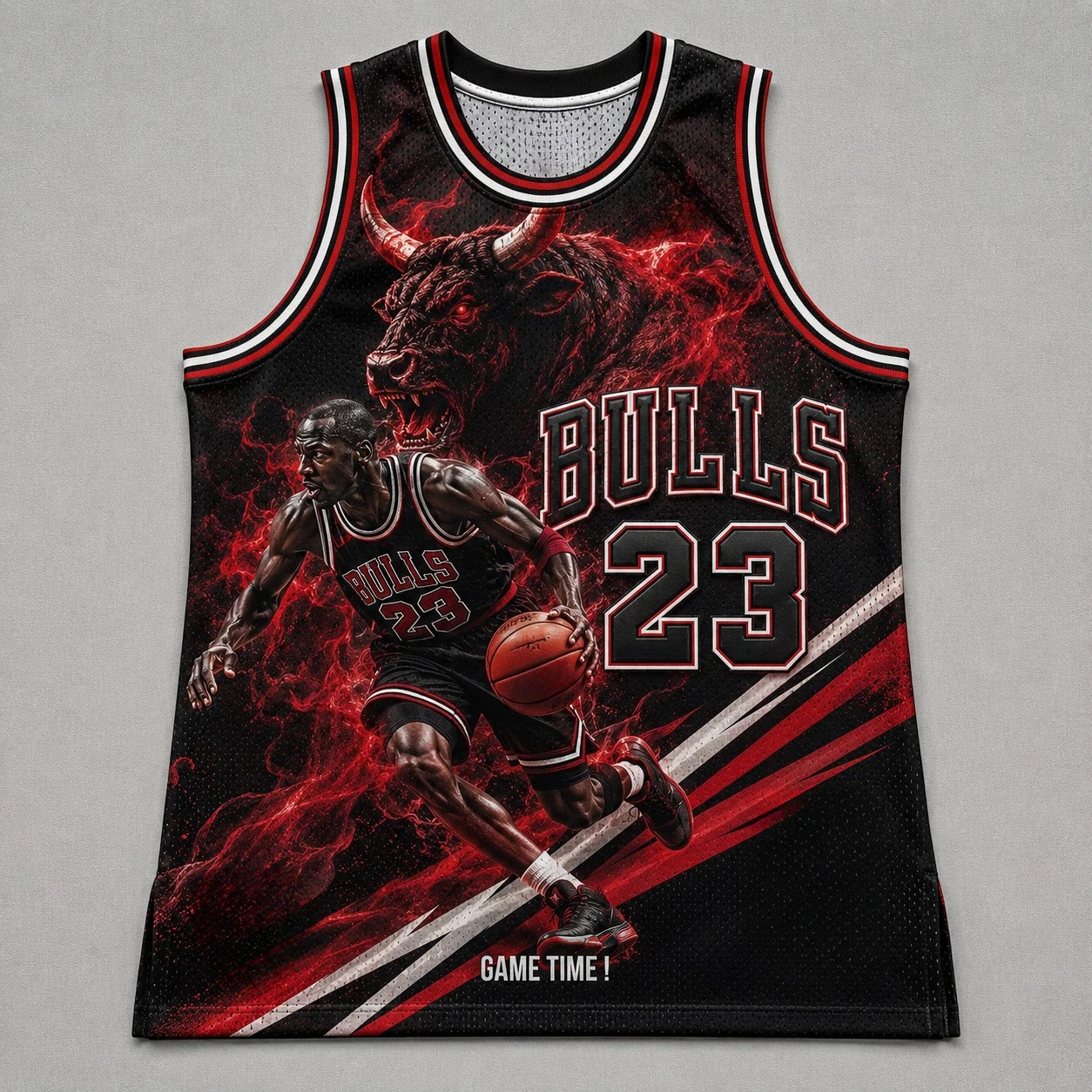Bulls Nr. 23 Basketball-Trikot, Red Flame Bull & Player Print, atmungsaktives, ärmelloses Retro-Sport-Fan-Tanktop aus Mesh – Detail 2